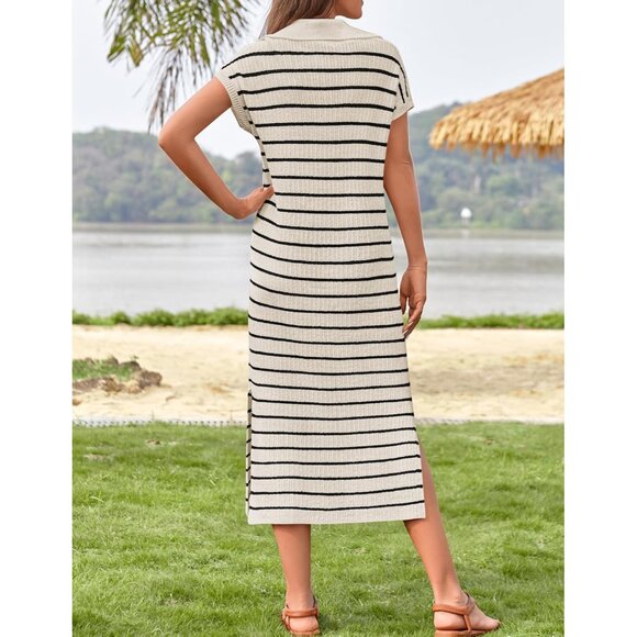 Women's Summer Striped Midi Dress Knit V Neck Short Sleeve Casual - Picture 4 of 5